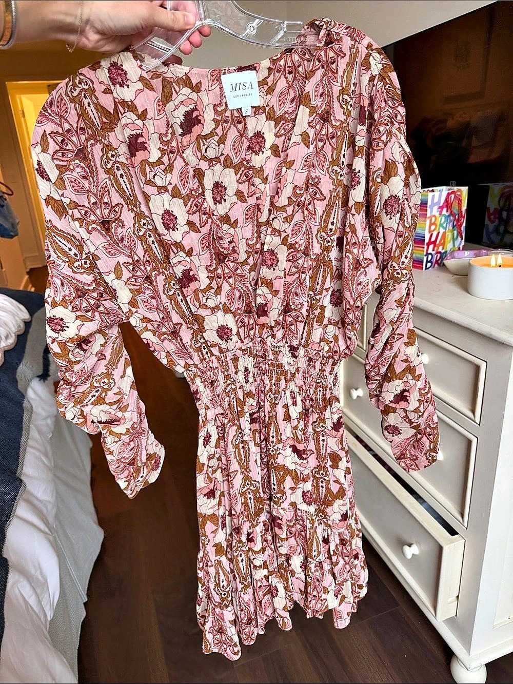 MISA Floral Mini Dress in Pink & Brown Size Small Like New